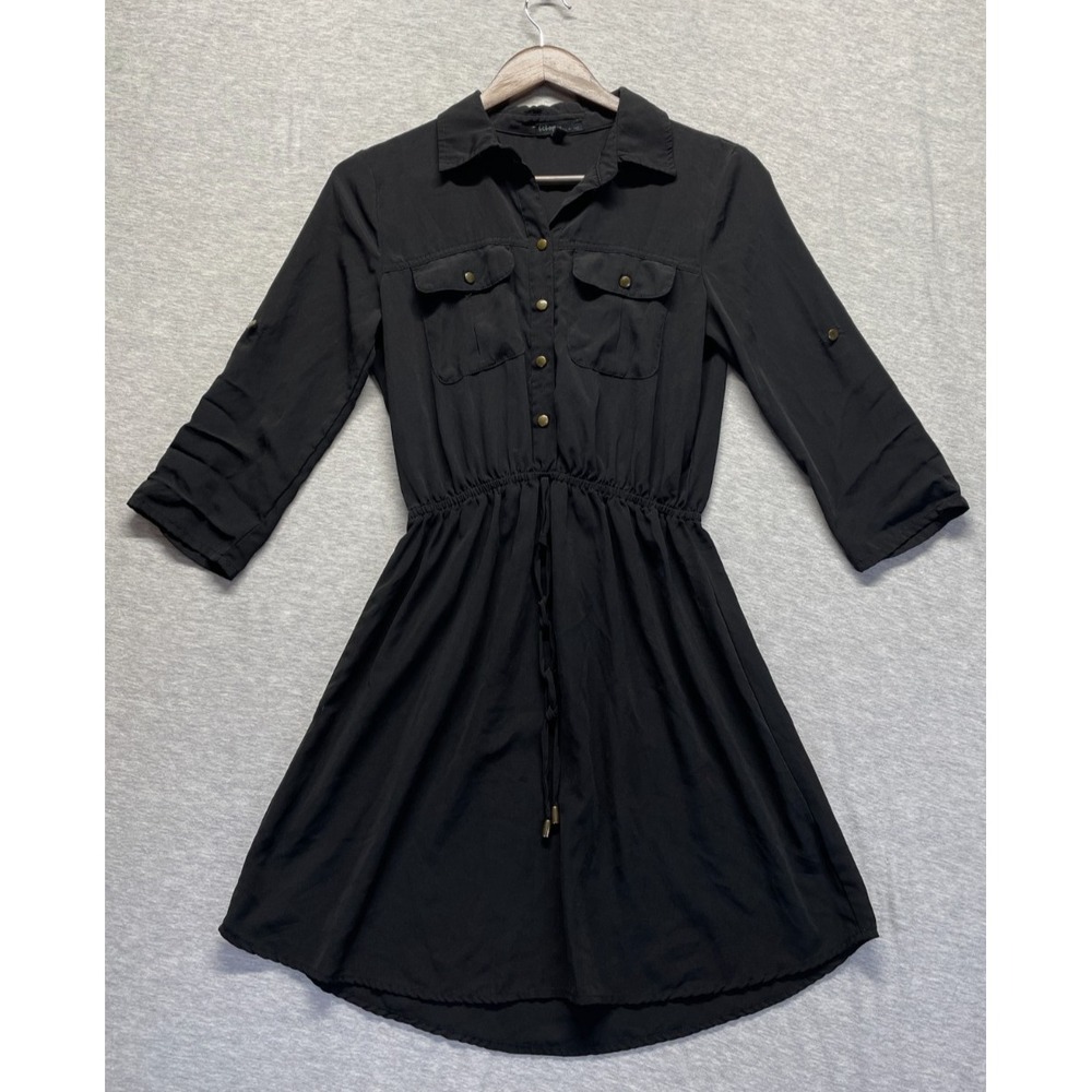 Bebop Mini Shirt Dress Womens Small Black Drawstring Waist Collared Button Front